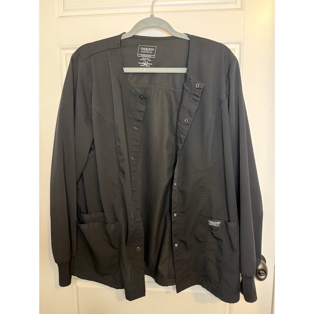 Cherokee Black Lab coat Scrubs Size Large Snap front Jacket Medical